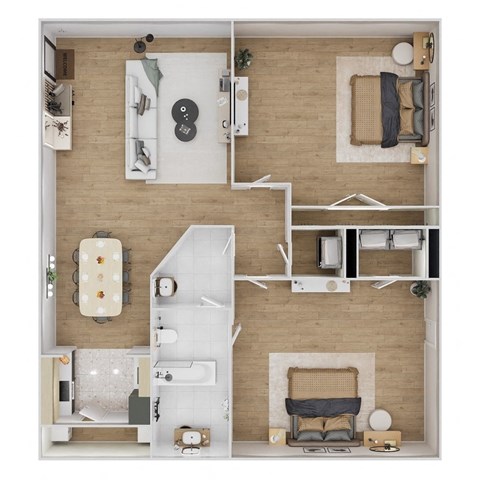 A top-down view of a small apartment with a kitchen, living room, and bathroom.
